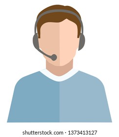 A telephone operator with his black-colored headset dressed in his blue-colored shirt is ready for a call vector color drawing or illustration 