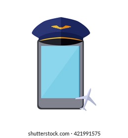 Telephone in the pilot cap isolated on white background. Aviator work profession occupation and technology telephone equipment with touch display wear captain cap flat style. Vector illustration