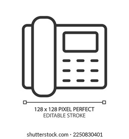 Icono lineal perfecto del píxel de teléfono. Telecomunicaciones. Servicio de utilidad pública. Equipo residencial. Receptor de teléfono. Ilustración de línea delgada. Símbolo de contorno. Dibujo del contorno del vector. Trazo editable