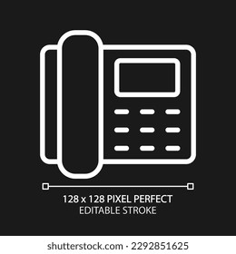 Telephone pixel perfect white linear icon for dark theme. Telecommunication. Public utility service. Home appliance. Thin line illustration. Isolated symbol for night mode. Editable stroke