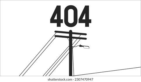 Telephone pole minimalistic black white error 404 flash message. City street. Empty state ui design, lofi background. Page not found cartoon image. Vector flat outline illustration concept, line art