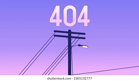 Mensaje flash 404 con error de puesta de sol en el tubo de teléfono. Puesta de sol en la ciudad. Diseño de estado vacío, fondo de lofi. Página no encontrada imagen de caricatura. Concepto de ilustración plana vectorial, estética sintetizada