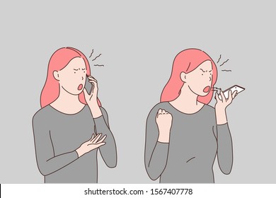 Telephone quarrel, row, disagreement, problem, irritability and anger concept. Young woman screaming on phone, shouting girl, emotional burnout, fury, bad manners sign. Simple flat vector