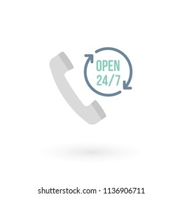 Telephone receiver and "24 hours" icon. Concept of 24/7, open 24 hours, contact, customer service, open around the clock, call center, open everyday.  Vector illustration, flat design