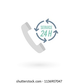 Telephone receiver and "24 hours" icon. Concept of 24/7, open 24 hours, contact, customer service, open around the clock, call center, open everyday.  Vector illustration, flat design
