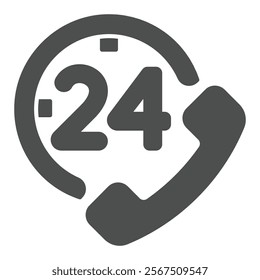 Telephone receiver with 24 hours support solid icon, human rescue concept. Vector graphics. Emergency call line sign on white background, glyph style icon for mobile or web design