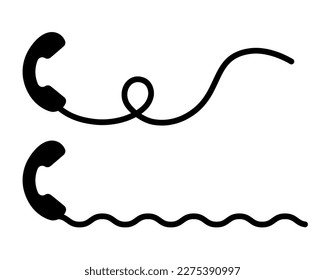 Telephone receiver with a cord. Phone handset with extension cord. Black silhouette isolated on a white background. Vector set.