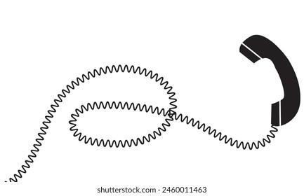 Telephone receiver with a cord. Phone handset with extension cord. Black silhouette isolated on a white background. Vector illustration. EPS 10