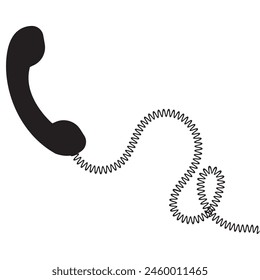 Telephone receiver with a cord. Phone handset with extension cord. Black silhouette isolated on a white background. Vector illustration. EPS 10