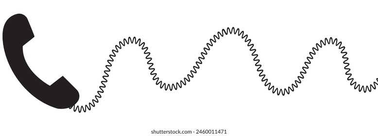 Telephone receiver with a cord. Phone handset with extension cord. Black silhouette isolated on a white background. Vector illustration. EPS 10