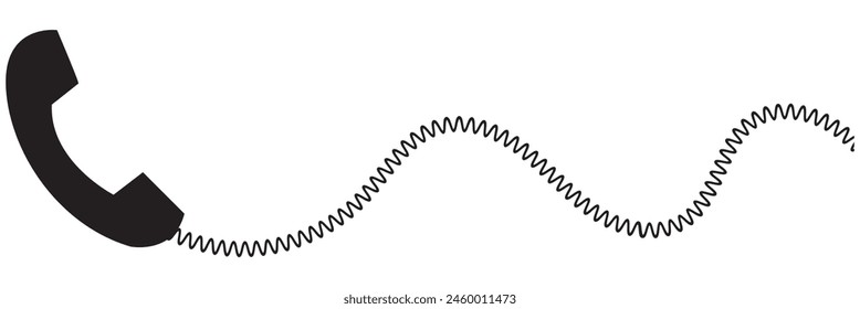 Telephone receiver with a cord. Phone handset with extension cord. Black silhouette isolated on a white background. Vector illustration. EPS 10