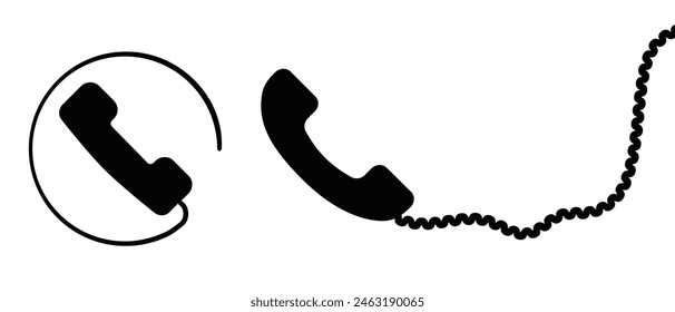 Telephone receiver with a cord. Phone handset with extension cord. Black silhouette isolated on a white background. EPS 10. vector illustraton