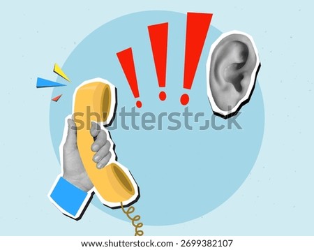 Telephone receiver in hand with an exclamation marks and ear. Modern collage style. Vector illustration