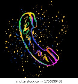 Telephone receiver icon. Colored ink with splashes on black background