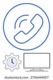 Icono del receptor de teléfono con ondas de comunicación, engranaje con reloj y monitor de computadora. Ideal para tecnología, comunicación, negocios, Asistencia al cliente, gestión del tiempo herramientas digitales trabajo remoto. Línea