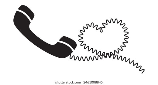 Telephone receiver icon with a cord. Phone icon silhouette, vector isolated on white background. 