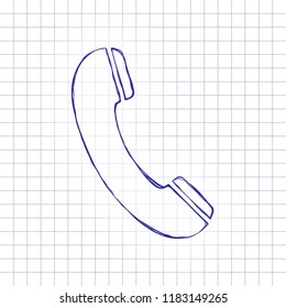 Telephone receiver icon. Hand drawn picture on paper sheet. Blue ink, outline sketch style. Doodle on checkered background