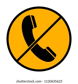Telephone receiver icon. not allowed, black object in warning sign with orange background color
