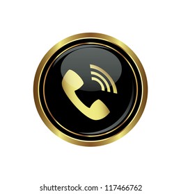 Telephone receiver icon on the black with gold round button. Vector illustration