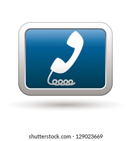 Telephone receiver icon on the blue with silver rectangular button. Vector illustration