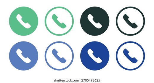 Ícone de receptor de telefone definido em círculos: coleção de vetor de contato, chamada e símbolos de comunicação em estilos de plano e contorno verde e azul