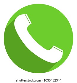 Telephone receiver icon in trendy flat style, flat shadow, isolated on a round green background. Telephone symbol for your design, logo, UI. Vector illustration, EPS10.