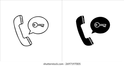 Telephone receiver with key icon in speech bubble, line art and solid silhouette