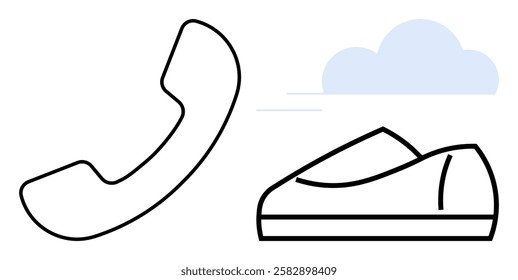 Telephone receiver, shoe, and cloud. Ideal for communication concepts, customer service themes, technological advancements, quick solutions, mobile services, running apps, and transportation