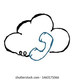 Telephone receiver with a wire on a background of a cloud. Retro handset phone. Call center. Vector illustration. Simple hand drawing icon.