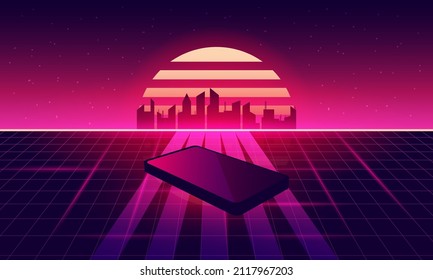 Telephone of  Retro Sci-Fi Background Futuristic Grid landscape , 90's . Horizontal matrix grid in space with stars in the background.