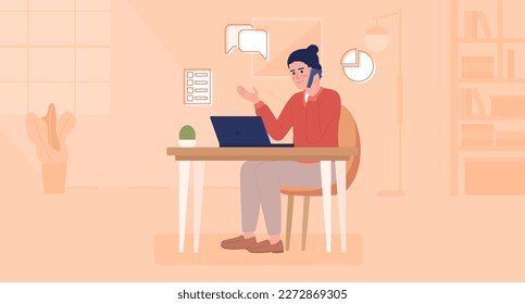 Telephone sales representative flat color vector illustration. Salesperson reaching potential customers with calls. Hero image. Fully editable 2D simple cartoon character with office on background