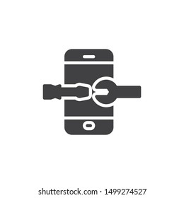 Telephone with screwdriver and wrench vector icon. filled flat sign for mobile concept and web design. Mobile phone repair glyph icon. Symbol, logo illustration. Vector graphics