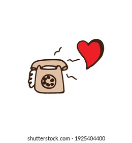 telephone with shape of heart. telephone ringing icon on white background. vintage background. hand drawn vector. doodle for logo, label, cover, sticker, clipart, poster, banner, advertising. 
