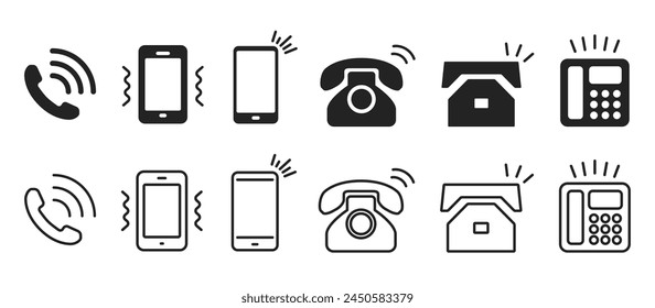 Telephone, smartphone icon set, smartphone vibration, landline phone variation illustration, vector material