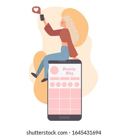 Telephone smartphone and Mobile Modern Business Product Reviews ,Blogger Review Concept. Video Streamer Blogger , Live Broadcast. Beauty blog Online Channel. Vector illustration cartoon character.