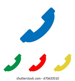 Telephone tube icon. Vector. Big blue flat icon with red, green and yellow small icons at white background. Isolated.