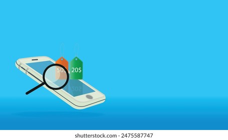 Teléfono con dos etiquetas y dos Precios, uno más alto que el otro, y una lupa en la parte superior.concepto de comparación de Precios en línea