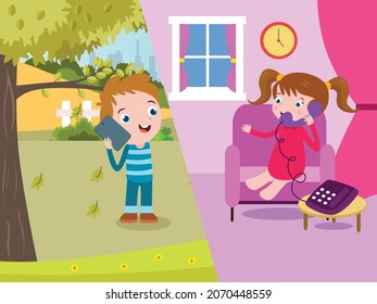 Telephone vector concept. Cute little boy chatting with his friend on the cellphone while standing at the park