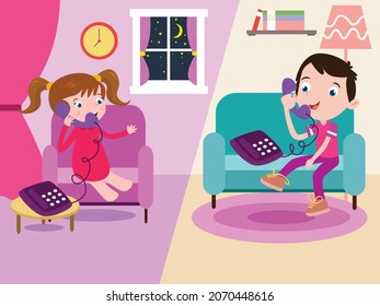 Telephone vector concept. Cute little girl chatting with her friend on the telephone while sitting on the couch