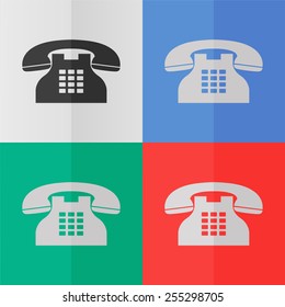 Telephone vector icon. Effect of folded paper. Colored (red, blue, green) illustrations. Flat design