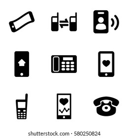 telephone vector icons. Set of 9 telephone filled icons such as heartbeat on phone, heart mobile, old phone