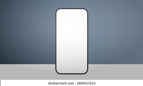 Telephone with a white screen Sits on the table. Light wood table. Workplace. Ready-made template for advertising design. Realistic vector.