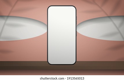 A telephone with a white screen stands on a wooden table. A pink room with a stylish design. Ready banner for your advertisement. Vector illustration. Realistic style.