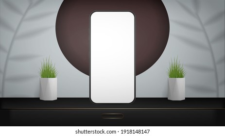 A telephone with a white screen stands on a black curbstone. Workplace. Layout for displaying sites, applications, games and advertisements. Realistic style. Vector illustration.