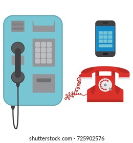 Telephones with a dial, buttons and touch. Old and modern technology. Vector set of flat icons isolated on white background.