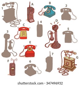 Telephones Shadow Visual Game. Find the right mirror shadow of each telephone! Solution: A7,B6,C5,D3,E2,F4,G1. Illustration is in eps10 vector mode, elements isolated. 
