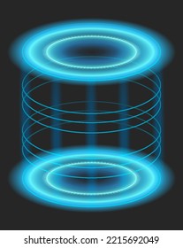 Teleport with blue glow rays with sparks. Neon energy circles, portal podium. Light futuristic digital wrap or fantasy glowing hologram. Vector vertical space tunnel with luminous beams