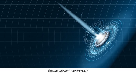 Teleport futuristic portal circle science, sky-fi digital, tunnel with light rays and glows, podium, projector. HUD menu user interface. Vector illustration, black blue background