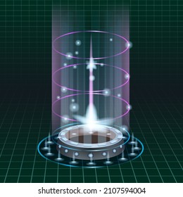 Teleport futuristic portal circle science, sky-fi digital, tunnel with light rays and glows, podium, projector. HUD menu user interface. Vector illustration, black green background