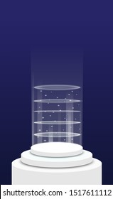 Teleport on round light podium template in realistic style on blue background. Vector illustration